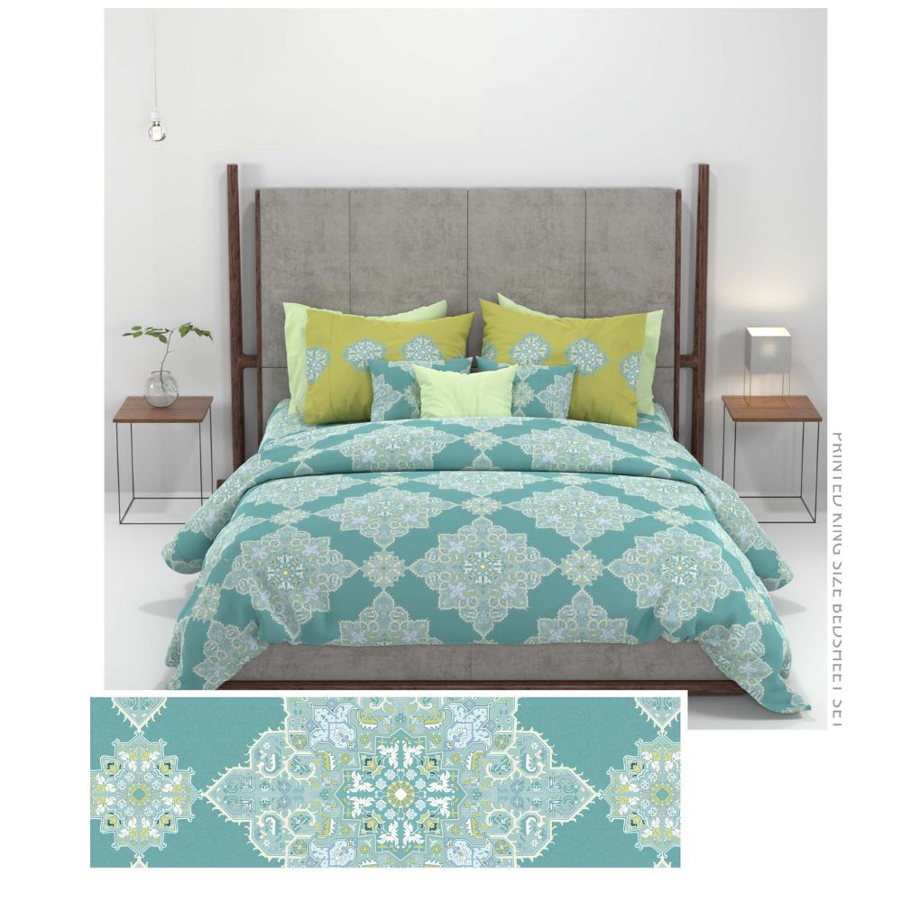 CARNIVAL GOLD JHAROKHA TEAL KING SIZE BED SHEET