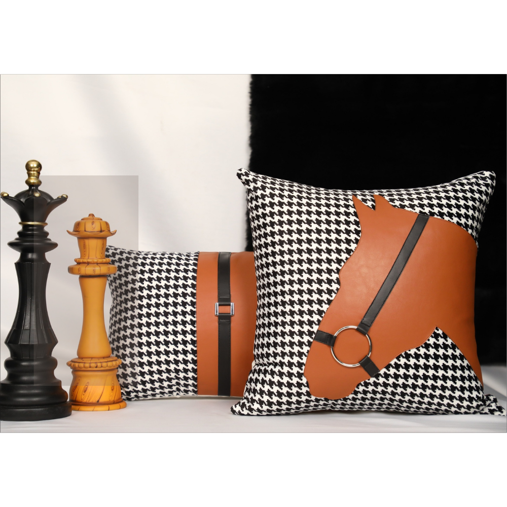Hounds Tooth Printed Fabric With Leather Elements FLAP ZIP Brown