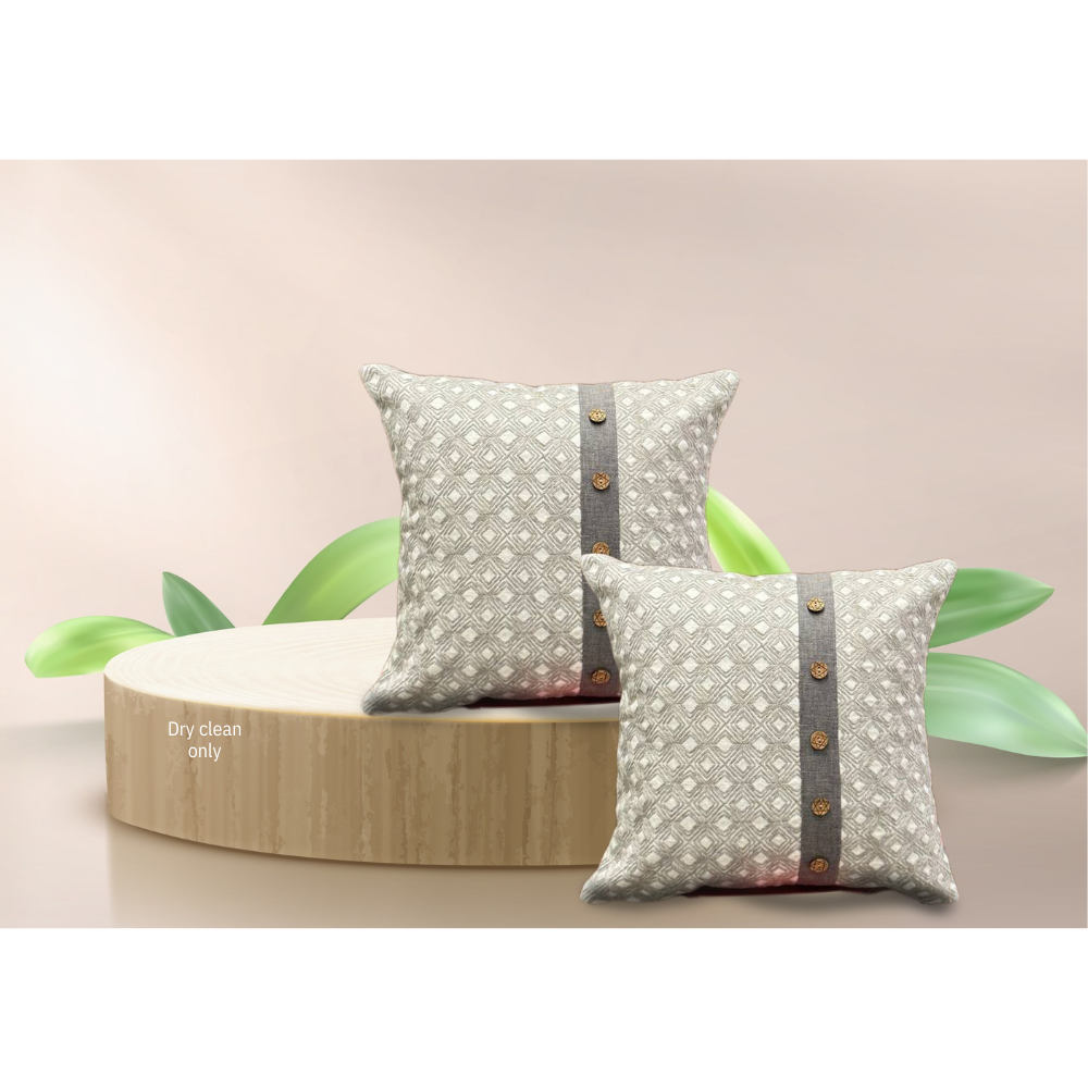 Texured Cotton Cushion Cover With Wooden Button Conceal Zip GEOMETRIC LIGHT GRAY