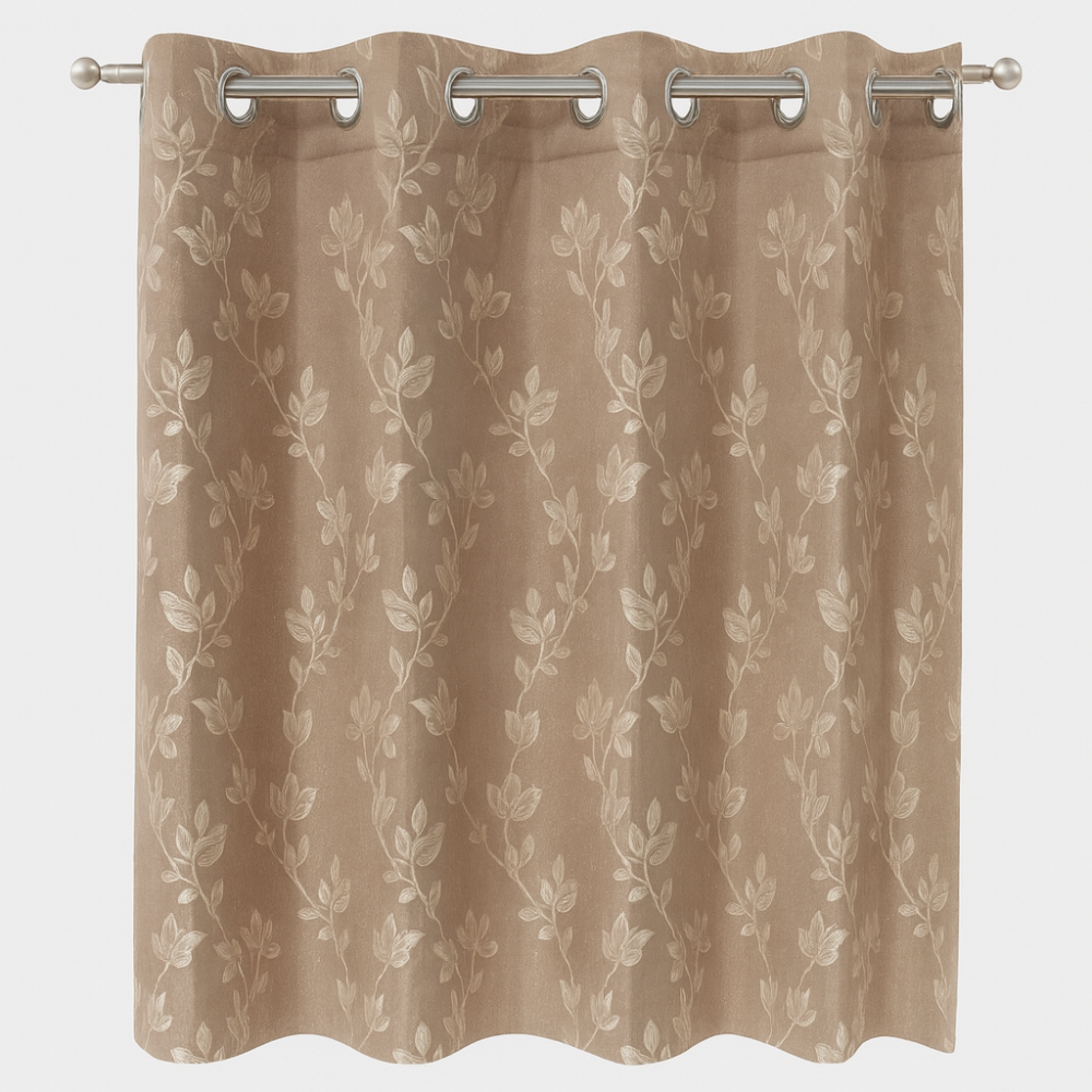 Ready-Made Elegant Floral Jacquard Eyelet Curtain – Beige Polyester Single Panel
