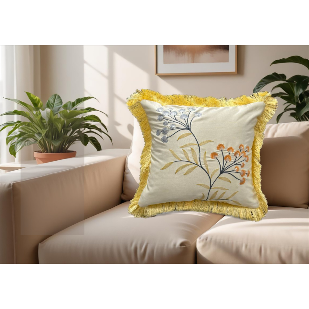 Embroidered Designer Cushion Cover.  Satin Back Lining FLAP ZIP  YELLOW