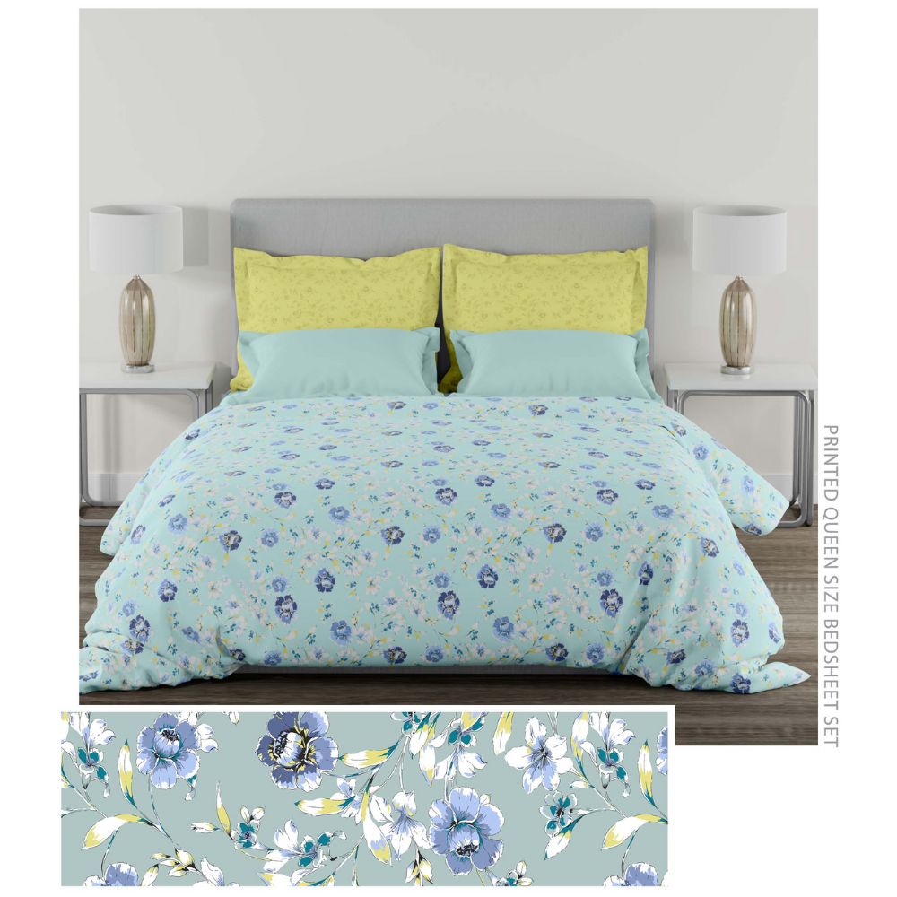 PEONY YELLOW  LIGHT BLUE COTTON QUEEN SIZE  BEDSHEET