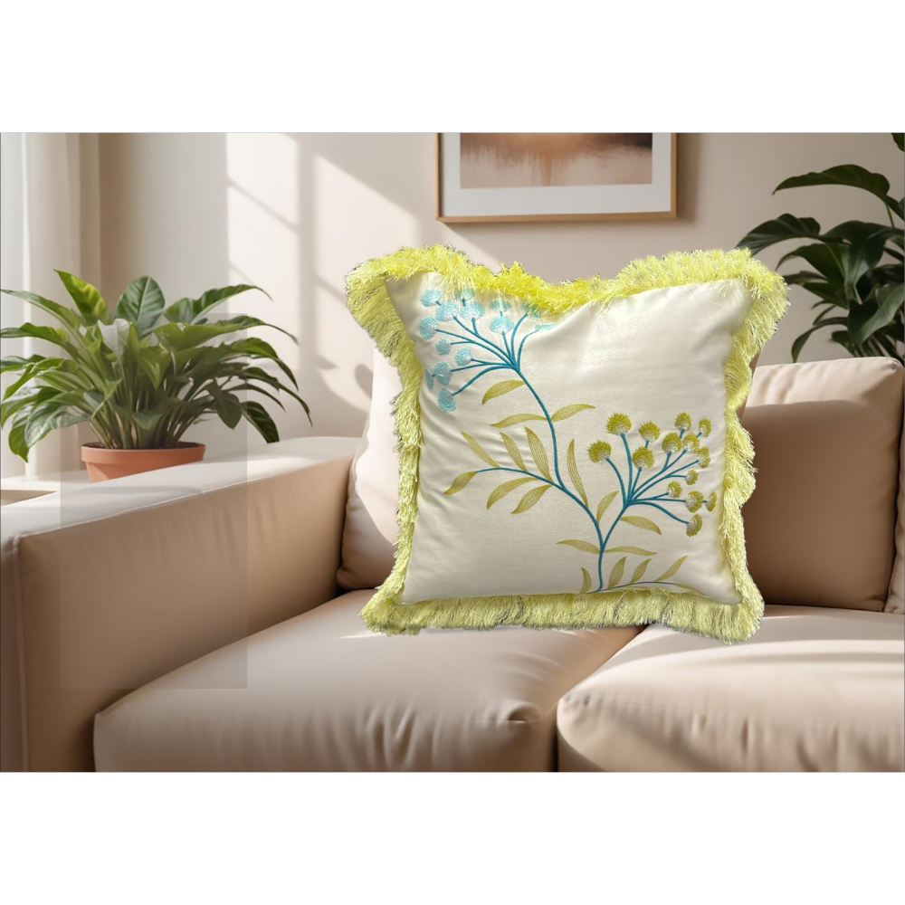 Embroidered Designer Cushion Cover.  Satin Back Lining FLAP ZIP  LIGHT GREEN