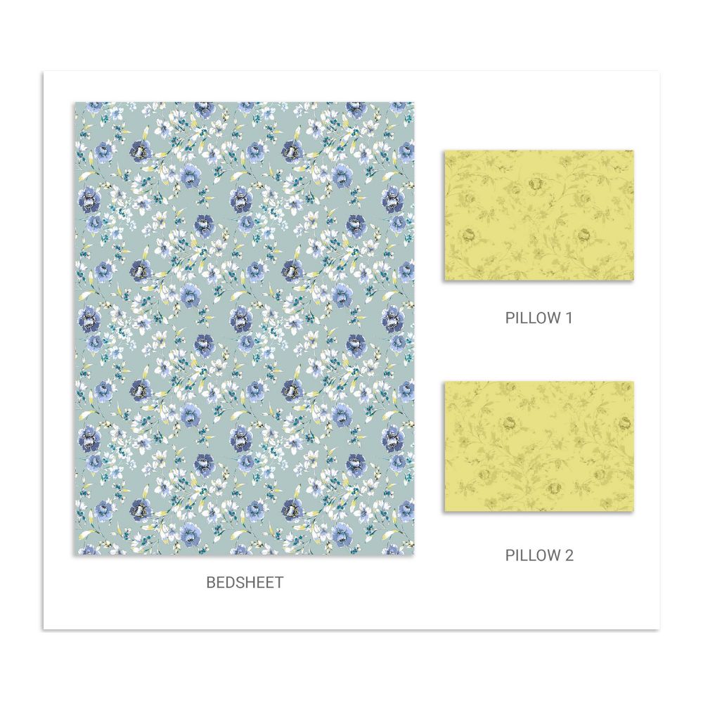 PEONY YELLOW  LIGHT BLUE COTTON QUEEN SIZE  BEDSHEET