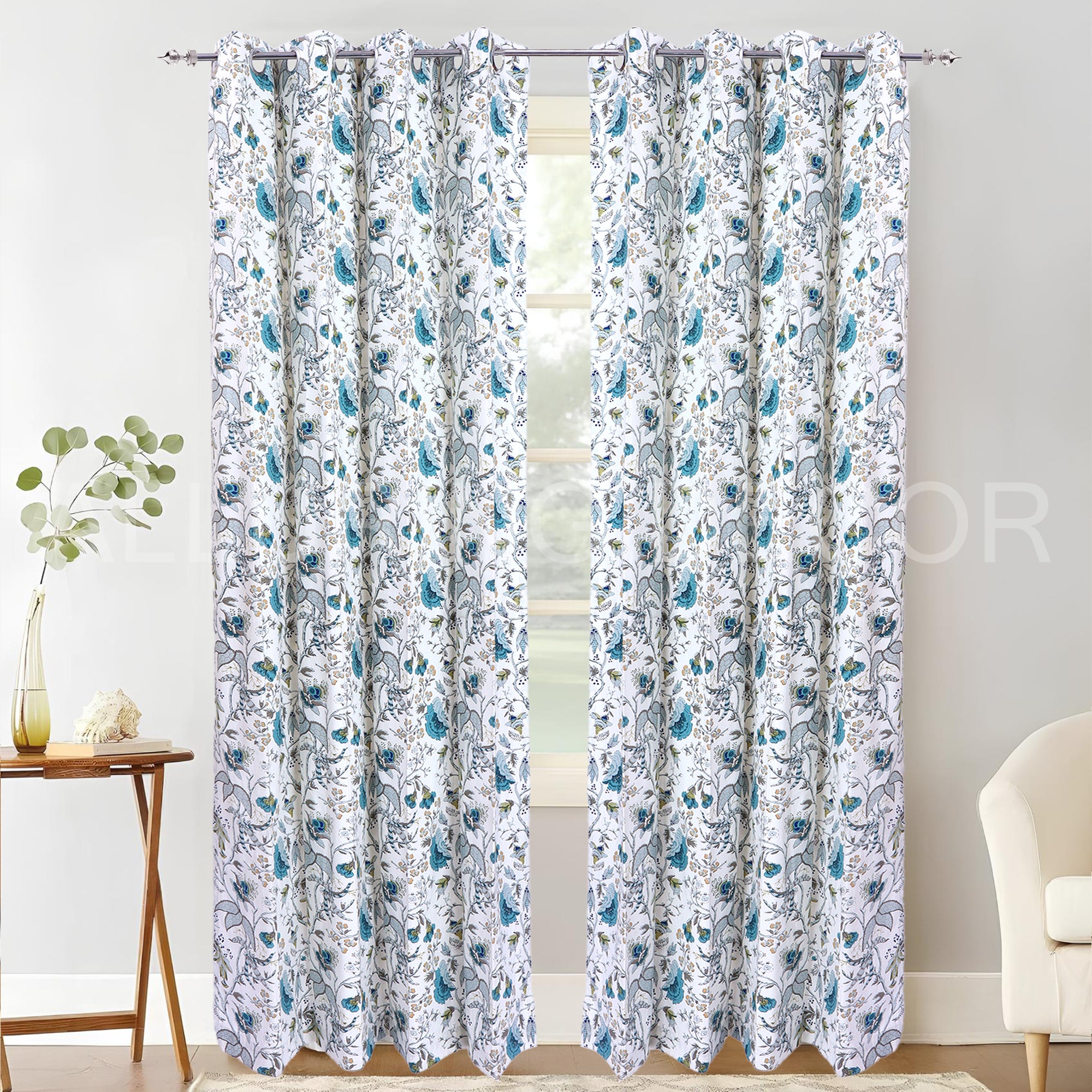 ELEGANT PRINTED FLOWER LEAF WHITE BLUE  CURTAIN FOR BEDROOM & LIVING ROOM