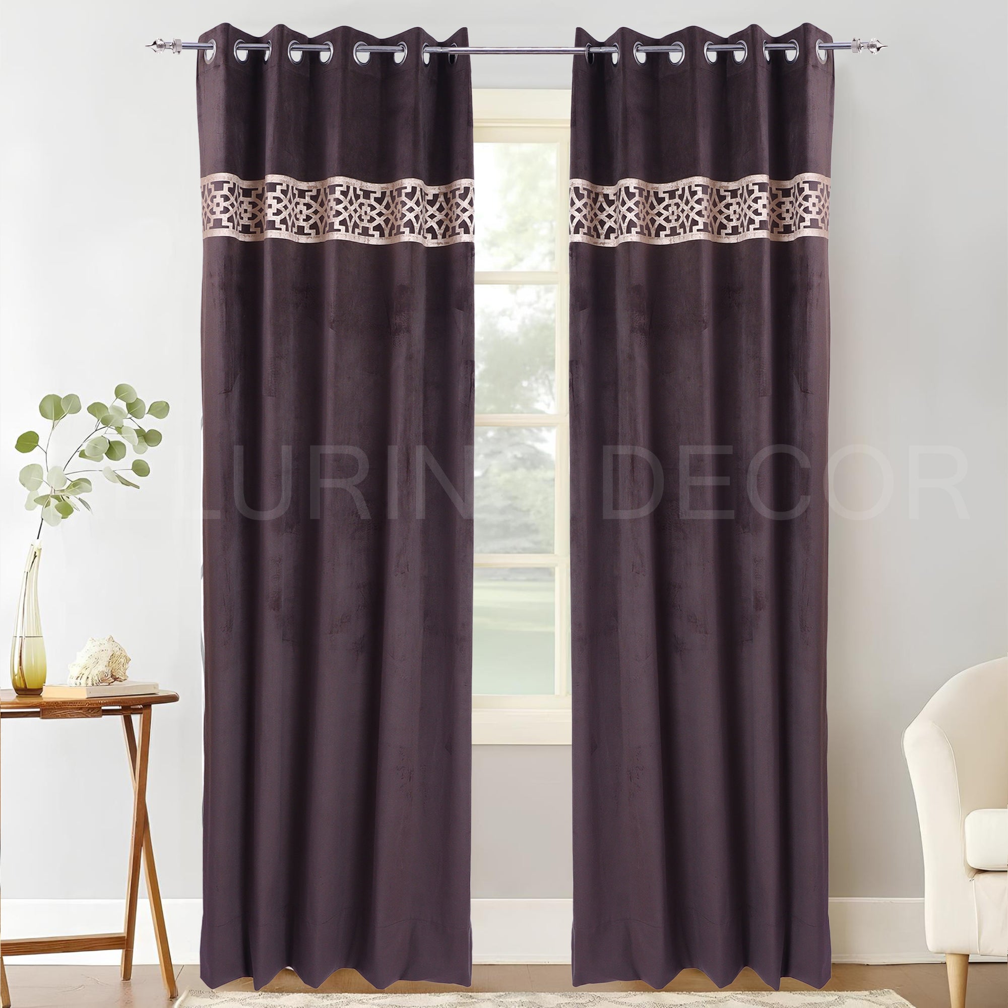 PATCH WORK DARK BROWN EYELET CURTAIN FOR LIVING ROOM & BEDROOM