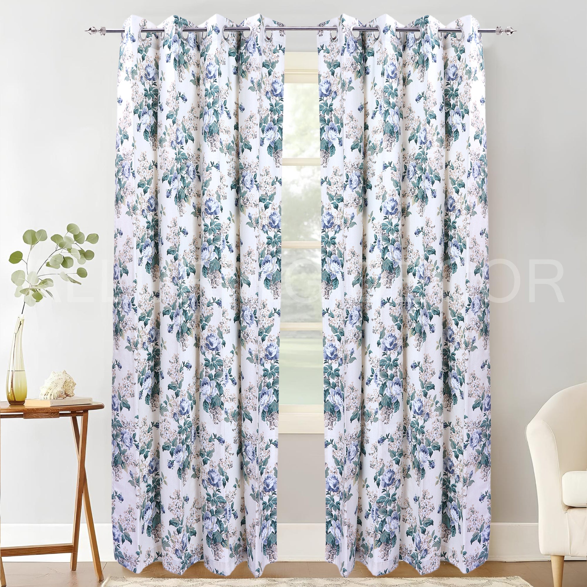 ELEGANT  FLORAL PRINTED  GREEN AND BLUE CURTAIN FOR BEDROOM & LIVING ROOM