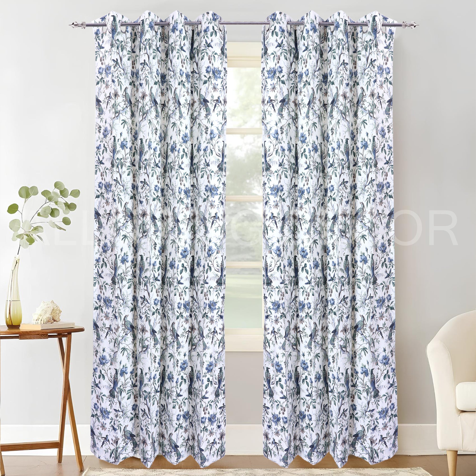 ELEGANT PRINTED WHITE AND BLUE BIRD CURTAIN FOR BEDROOM LIVINGROOM
