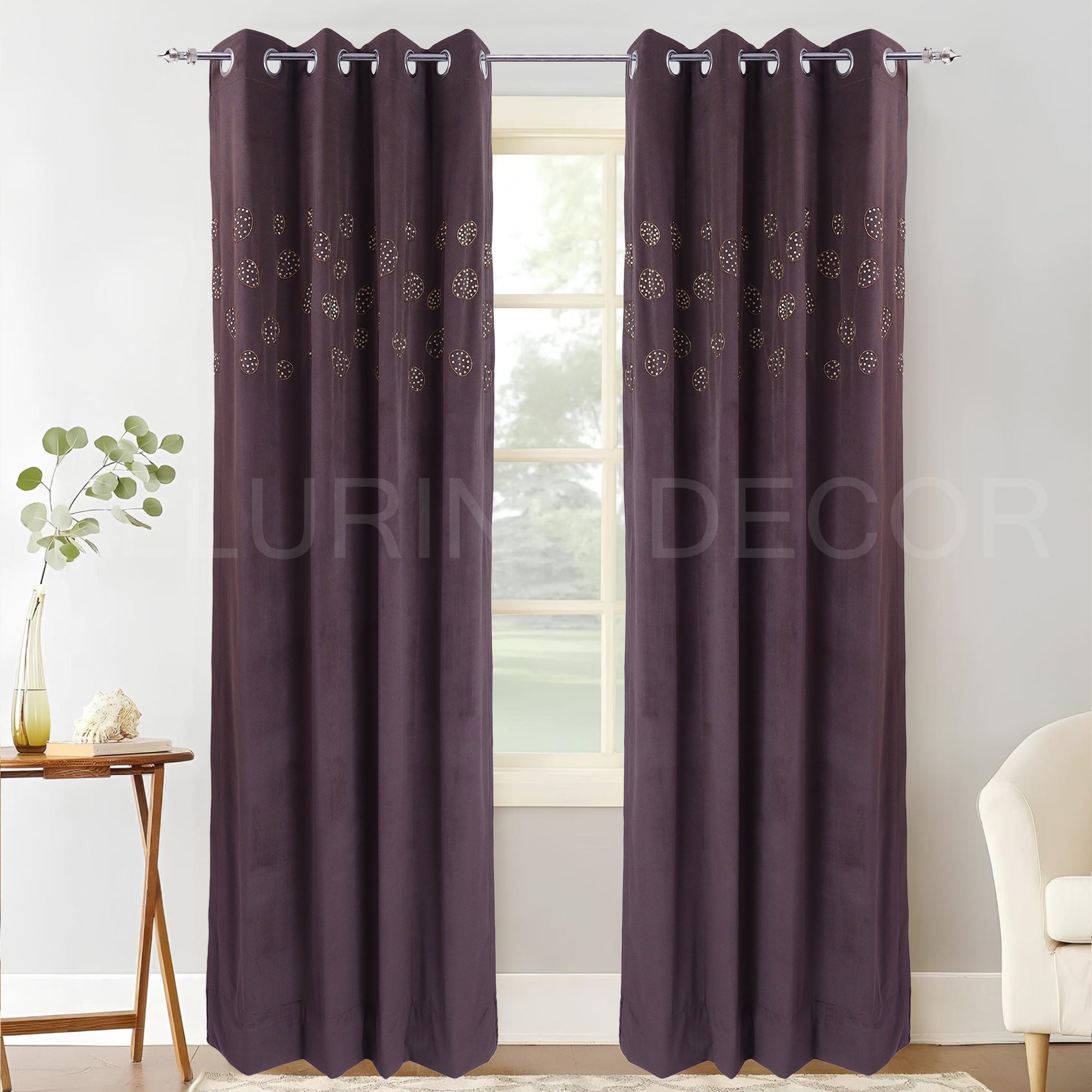PATTERN OF SMALL DARK BROWN VELVET  EYELET CURTAIN FOR LIVING ROOM & BEDROOM