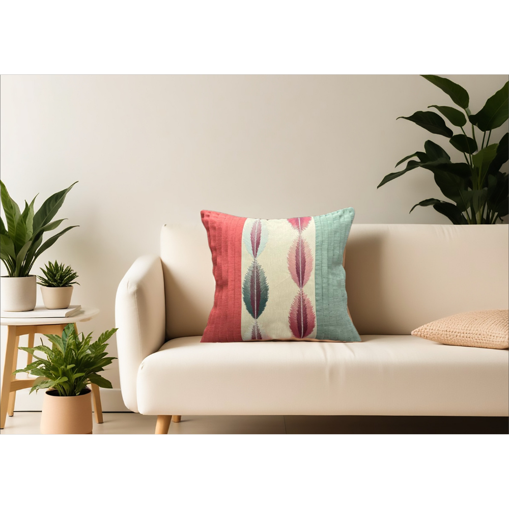 Thread Embroidered Cushion Cover Satin Back Lining  RED