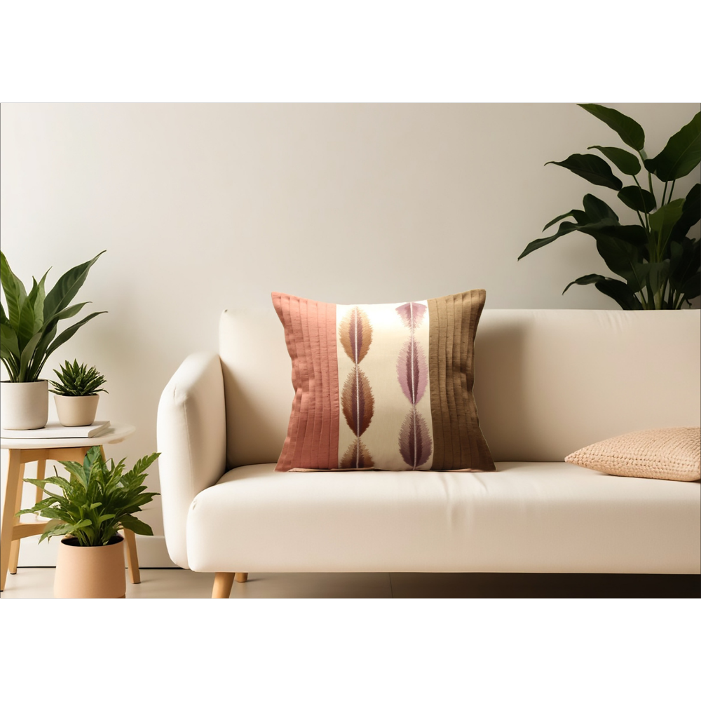Thread Embroidered Cushion Cover Satin Back Lining  BROWN