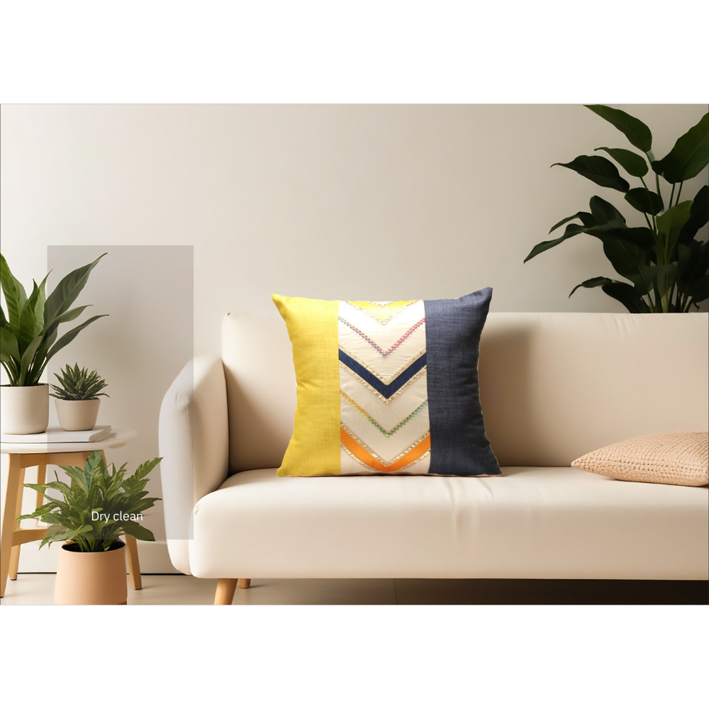 Embroidered Cushion Cover  Flap Zip Satin Back Lining YELLOW ZIGZAG