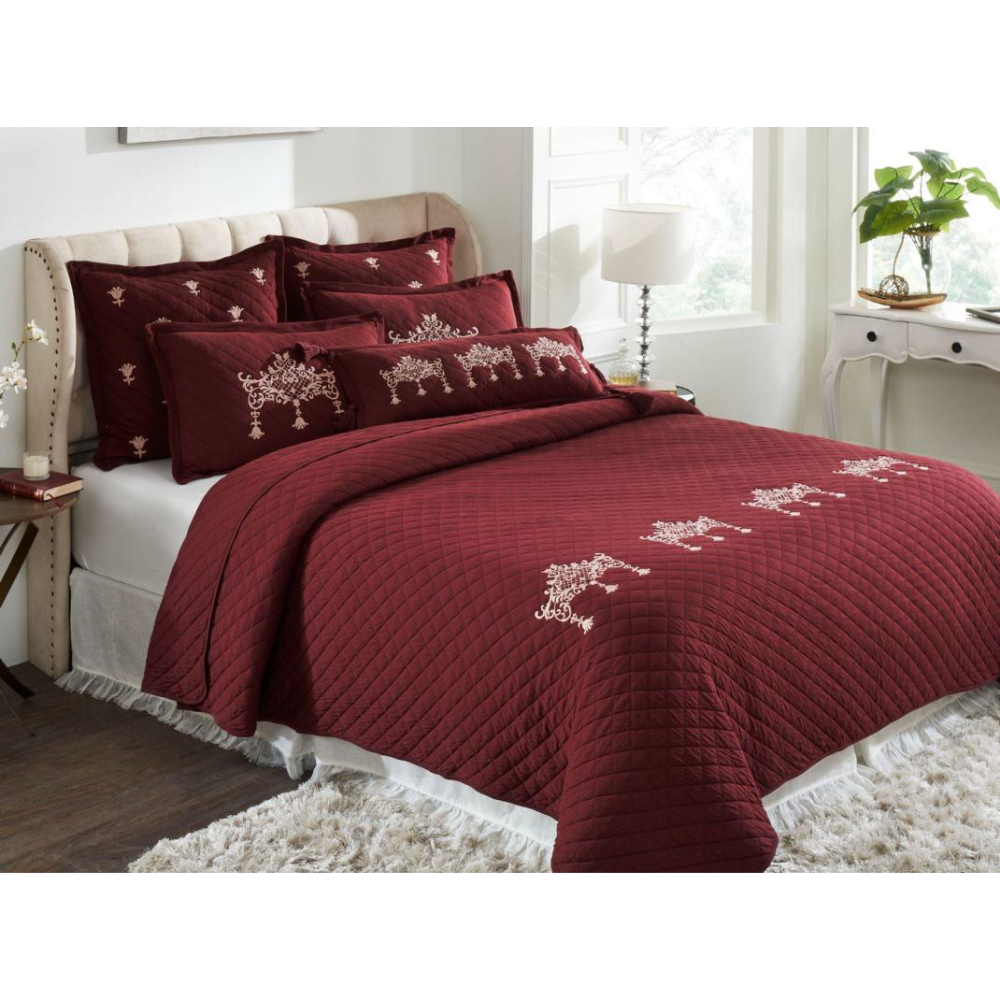 Tiara King Size Bed Cover & 2 Pillow Covers With 2 Cushion Covers 1 Oblong Cushion with filler in Box Packaging (Set Of 7) MAROON