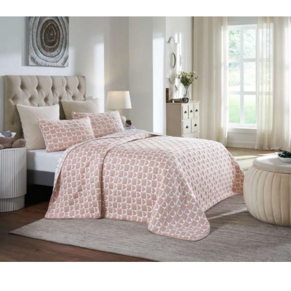 Little Hearts King Size Bed Cover & 2 Pillow Covers (Set Of 3)