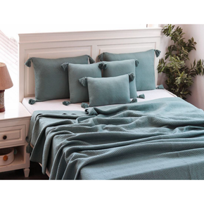 Zig Zag King Size Bed Cover & 2 Pillow Covers With 3 Cushion Covers (Set Of 6) Blue Daisy