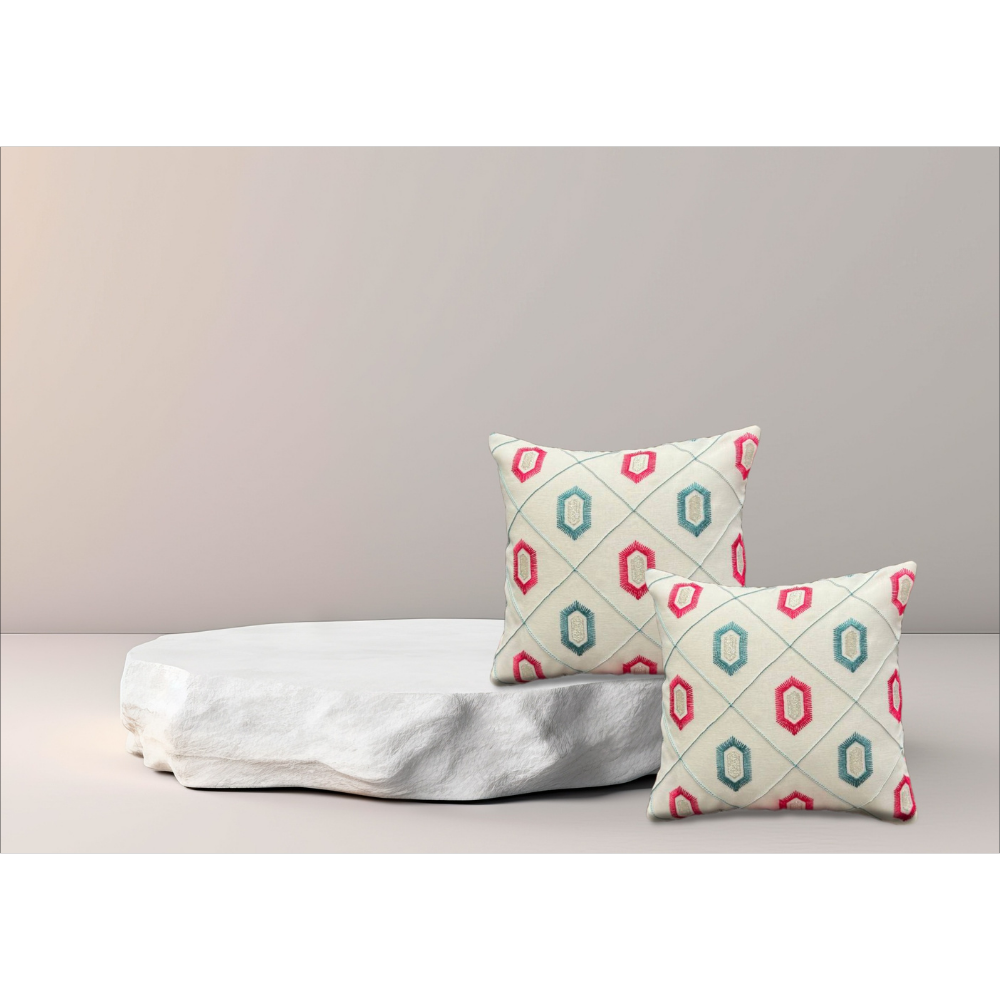 Embroidered Designer Cushion Cover FLAP ZIP  RED GEOMETRIC