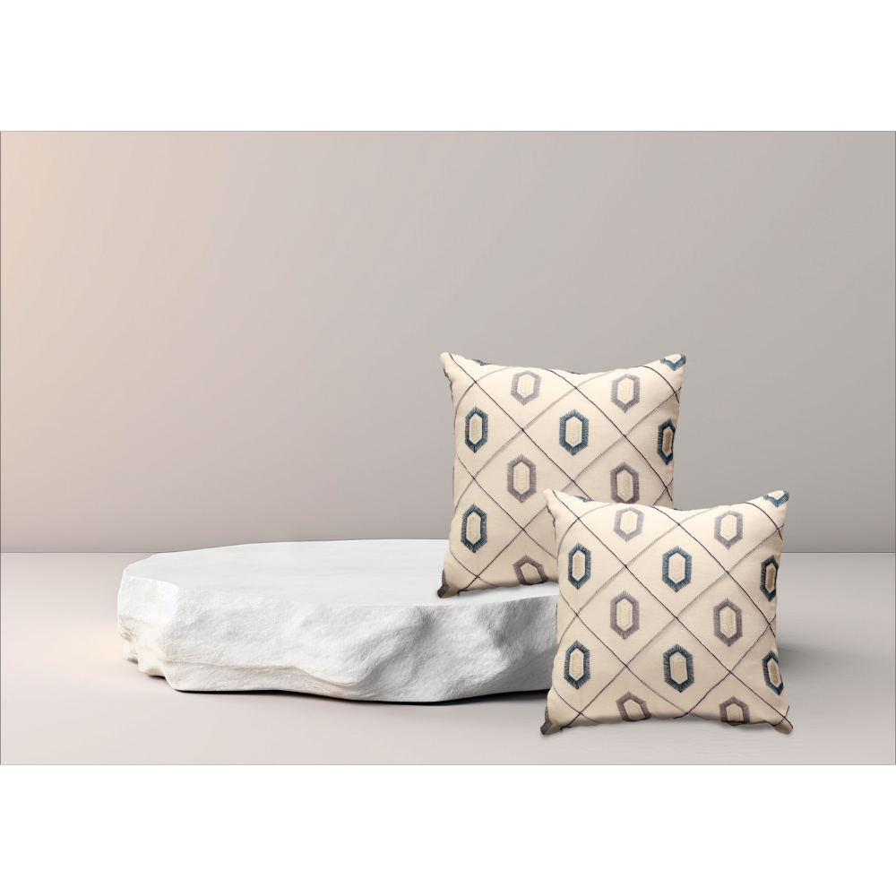 Embroidered Designer Cushion Cover FLAP ZIP  GRAY GEOMETRIC