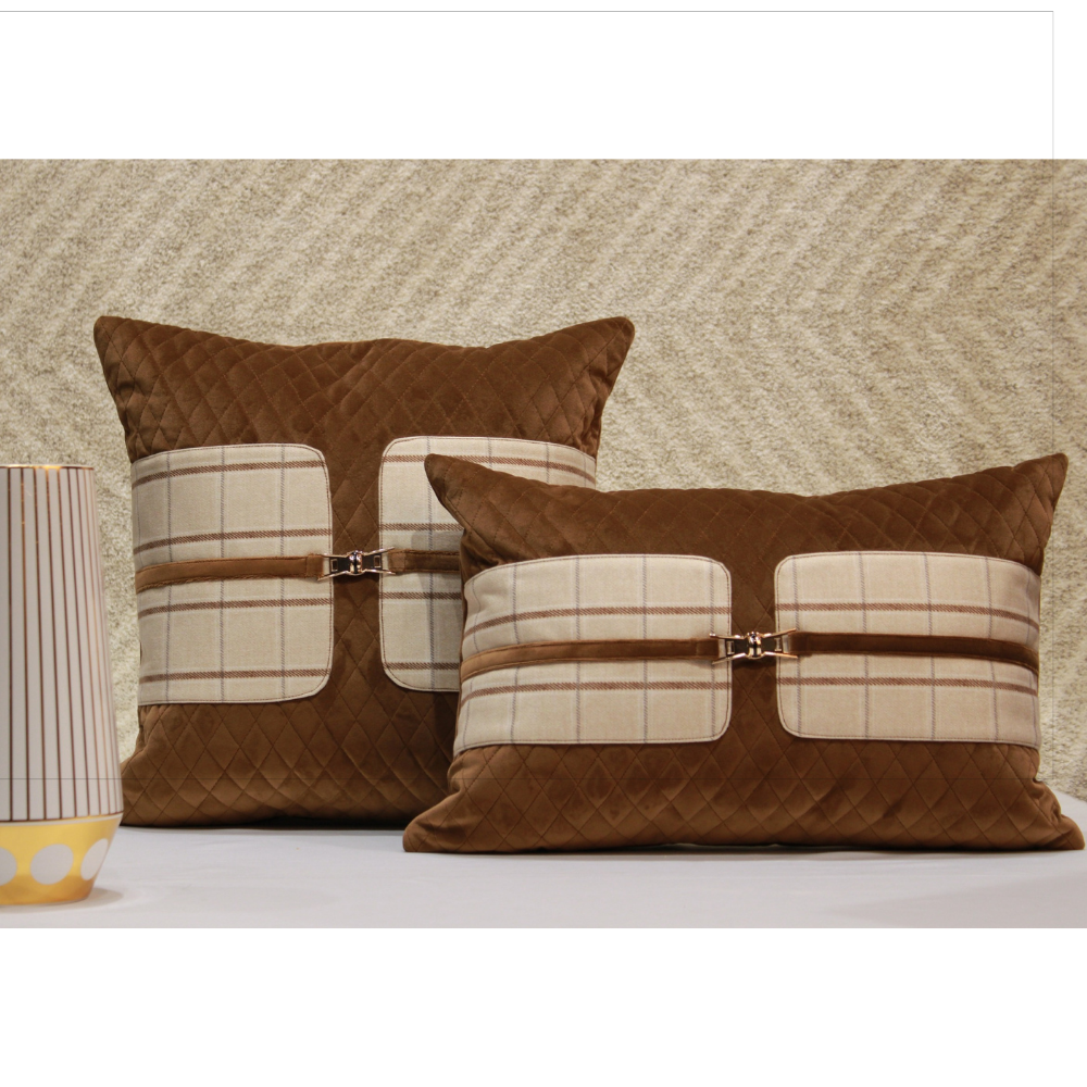 Diamond Quilted Cushion Cover With Metal Attachment Flap zip Brown