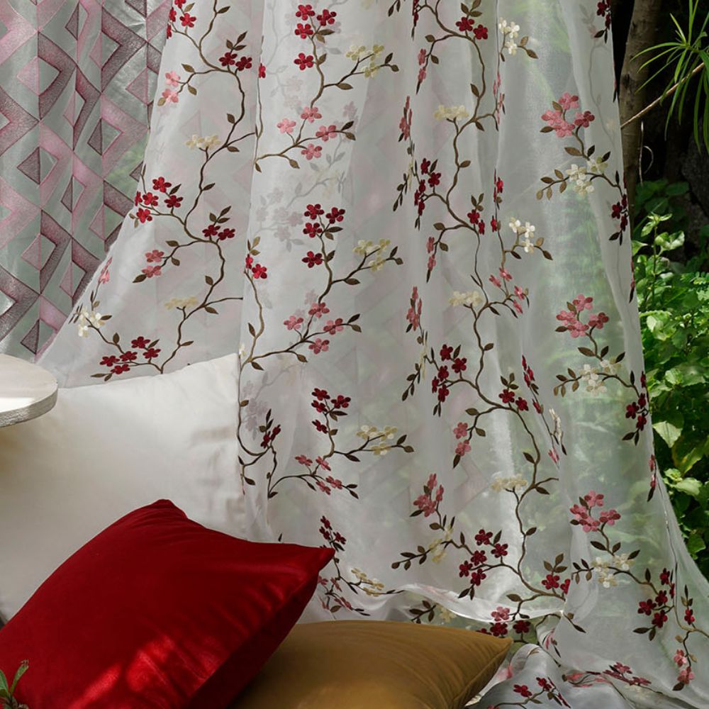 ARTISAN EMBROIDERY POLYESTER LEAF   SHEER  CURTAIN FABRIC