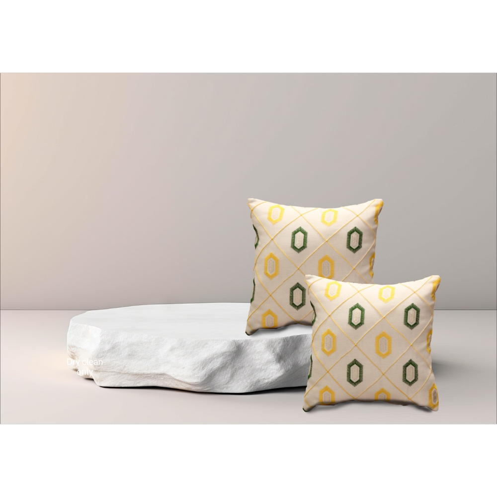 Embroidered Designer Cushion Cover FLAP ZIP  YELLOW GEOMETRIC