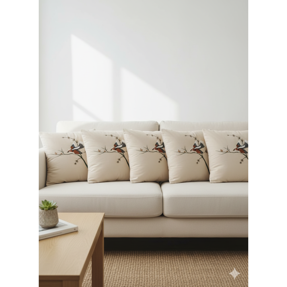 Serene Bird-on-Branch Embroidered Cushion Cover Set (OFF WHITE) - 5-Pack, 16x16 inch