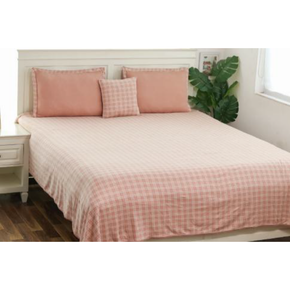 Checkerboard King Size Bedsheet with 2 Pillow Covers and 1 Cushion Cover Set of 4pcs Pale Pink & Natural