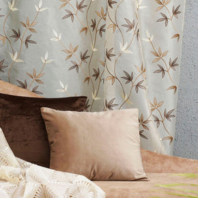 ARTISAN EMBROIDERY BROWN LEAF POLYESTER SHEER CURTAIN FABRIC