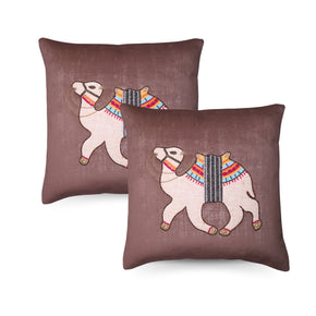 SWADE FEBRIC CAMEL PATCH WORK WITH EMBROIDERY CUSHION COVER