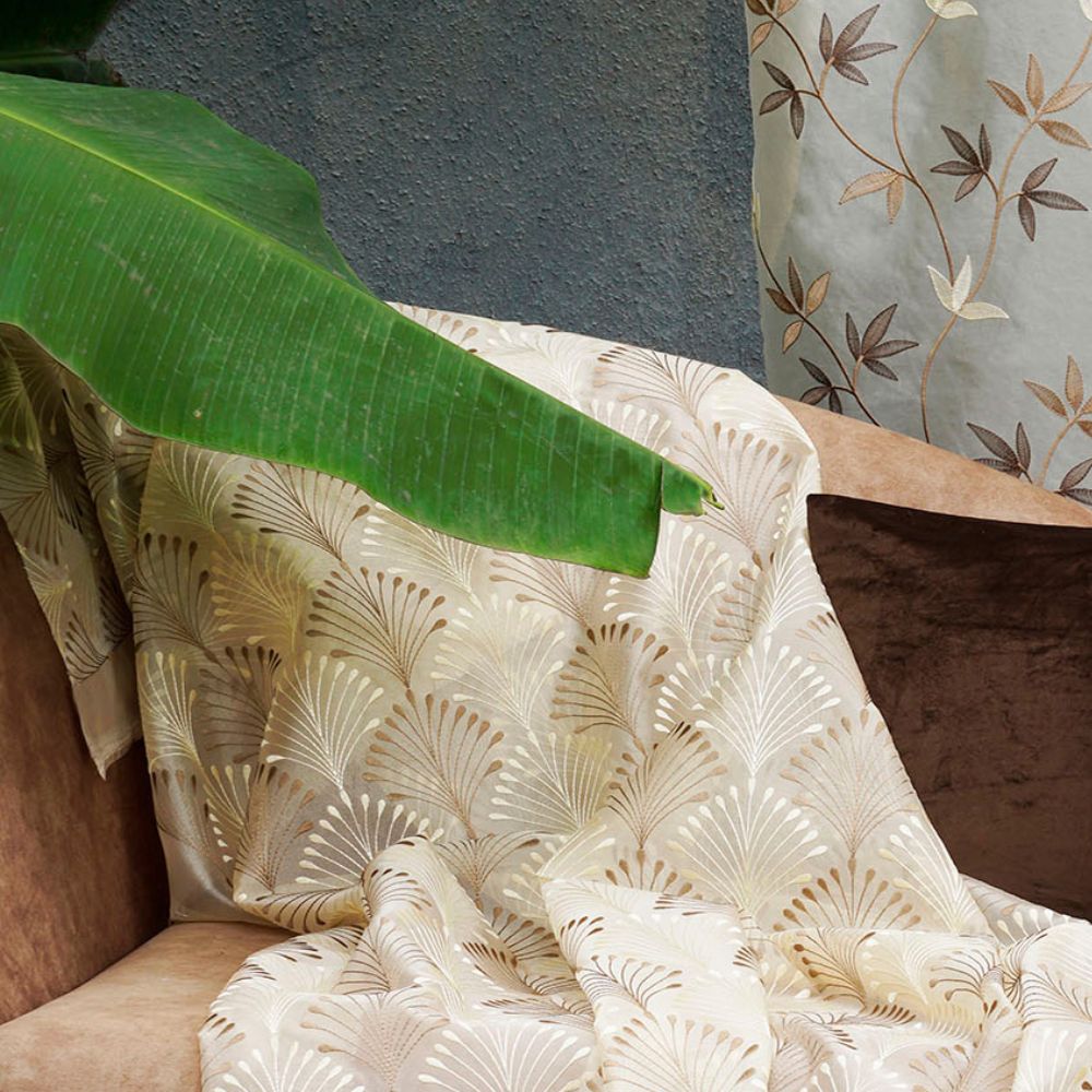ARTISAN POLYESTER EMBROIDERY GEOMETRIC BEIGE  SHEER CURTAIN FABRIC