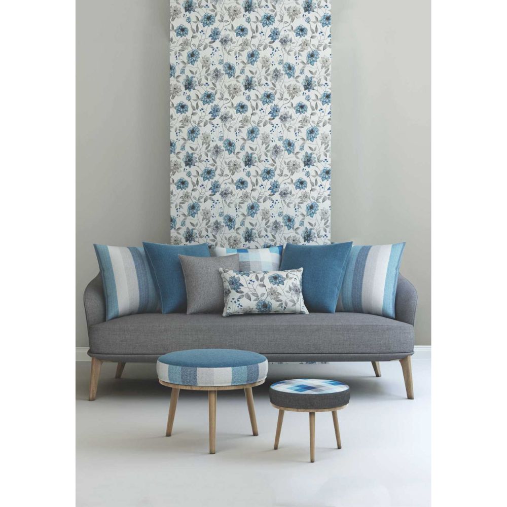 CALIBRI BLUE FLOWERING PRINTED BASE WHITE CURTAIN FABRIC