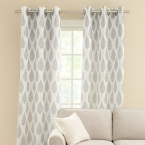 Ready-Made Modern Leaf Print Polyester Eyelet Curtain – Grey on White