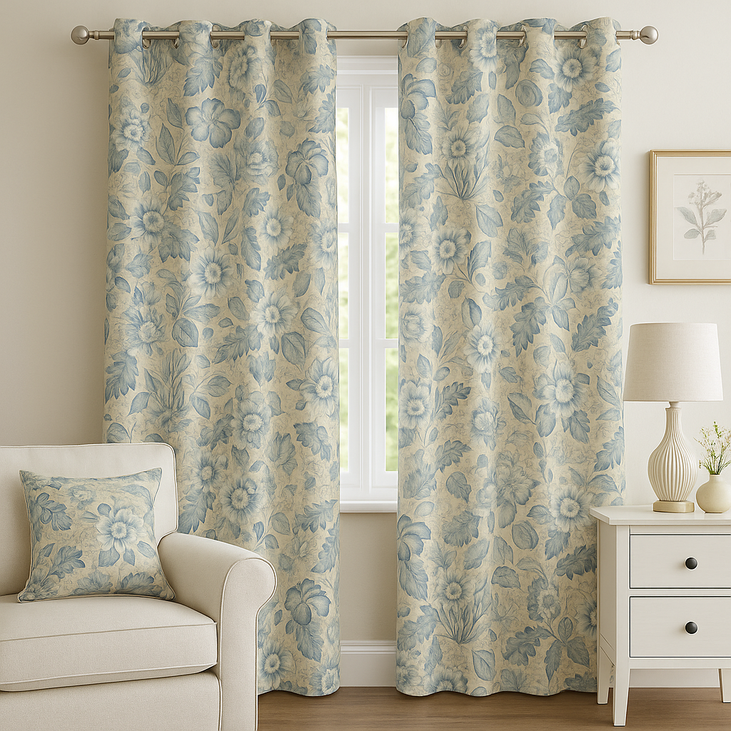 CINTHIA  PRINT BLUE LEAVES CURTAIN  FABRIC