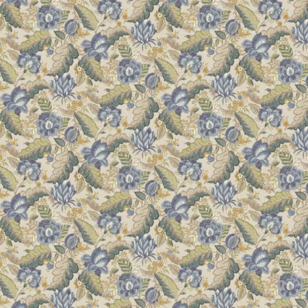 CINTHIA BLUE  POLYESTER LINEN VIS BLUE  BEIGE FLORAL CURTAIN  FABRIC