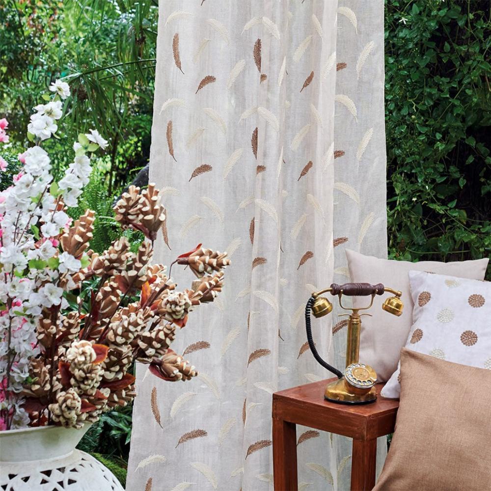 CROWN EMBROIDERY BROWN WHITE LEAF  SHEER CURTAIN FABRIC 35013