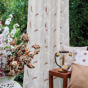 CROWN EMBROIDERY BROWN WHITE LEAF  SHEER CURTAIN FABRIC 35013