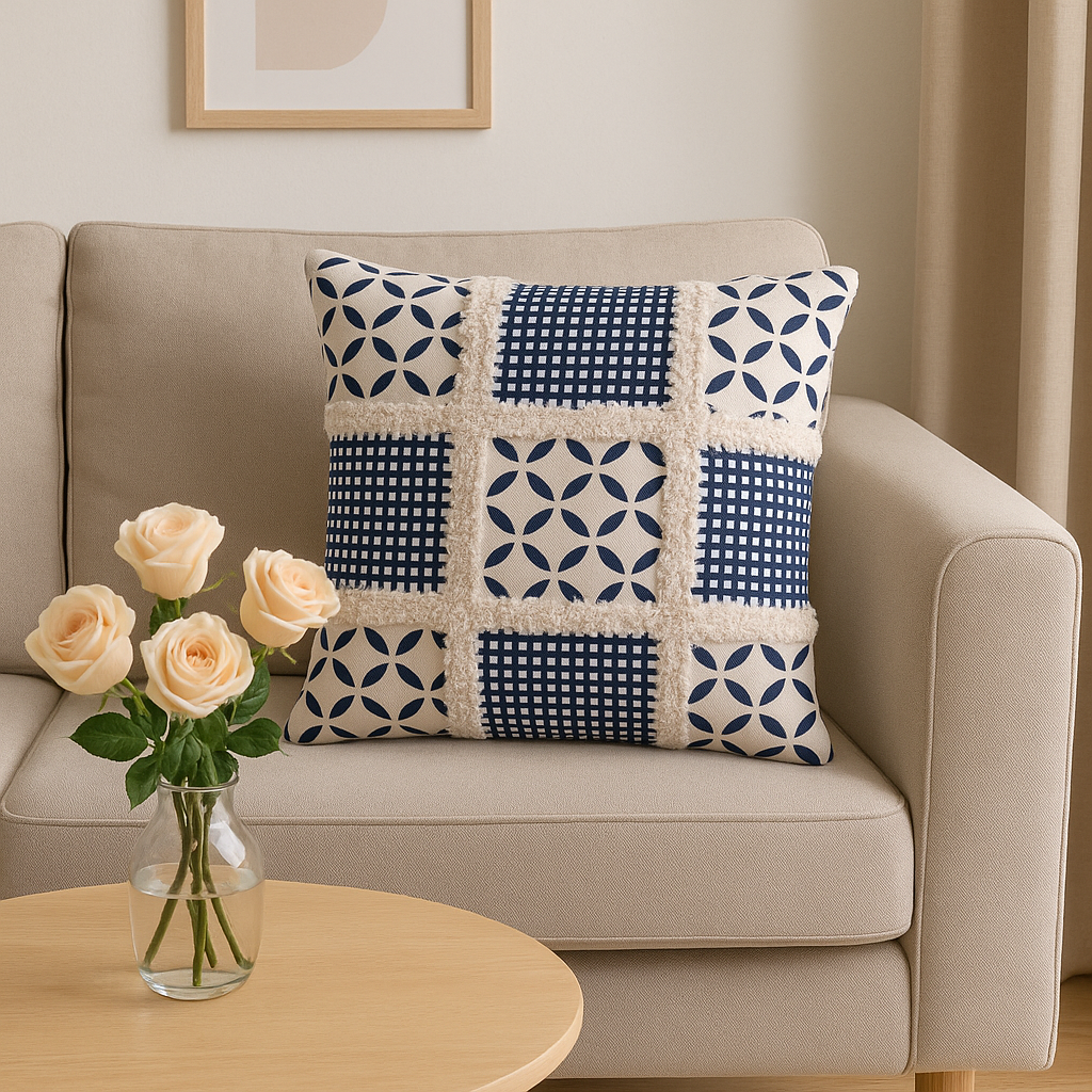 COTTON CHECK EMB BLUE  CUSHION COVER