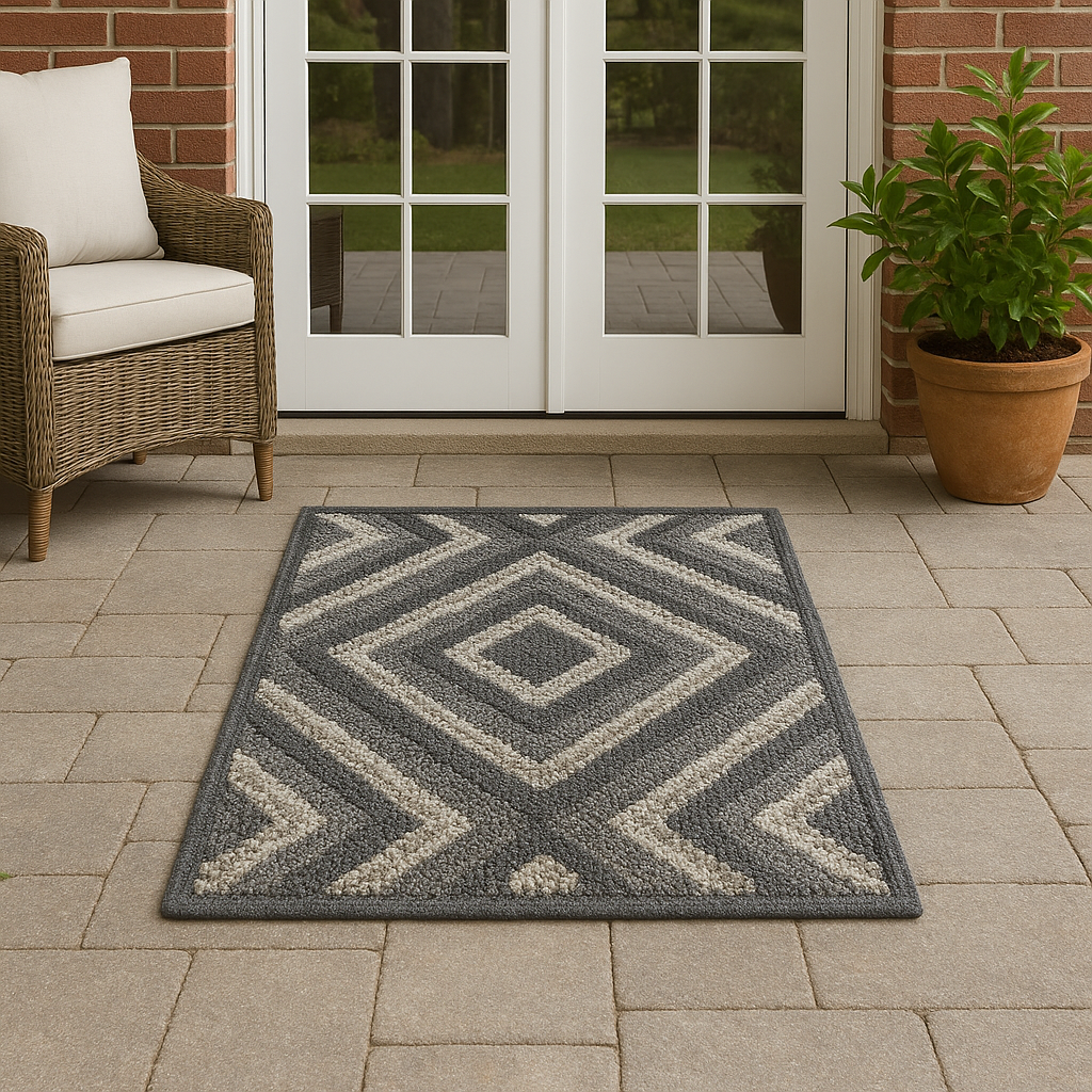 SANDRO JUTE DOORMAT  GEOMETRIC WHITE GRAY  100% POLYESTER