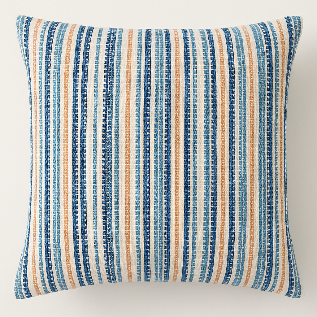 Embroided Striped Woven Decorative Cushion Blue, Beige 16X16 Inches & Ivory (Set of 5)