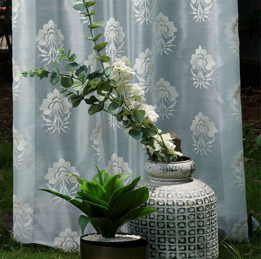 ELEGANT EMBROIDERY POLYESTER WHITE GRAY FLOWERING  SHEER FABRIC