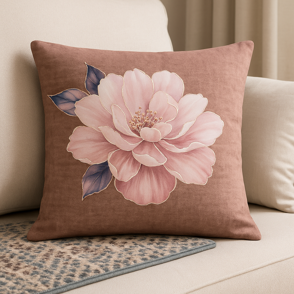 warm brown Peony Velvet Print Floral Foil Elegance Cushion Covers – Set of 5 (16x16 Inches)  Premium Soft Velvet with Designer Metallic Flower Prints