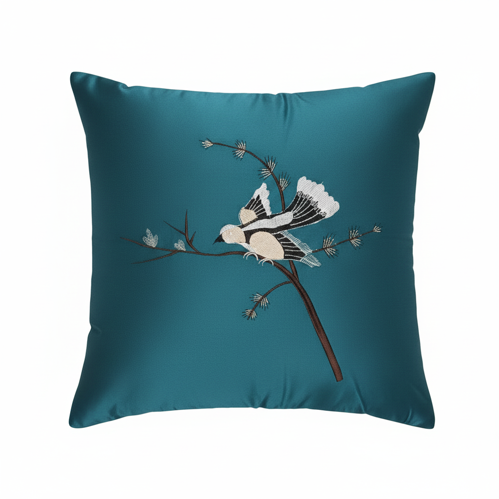 Opulent Turquice Velvet Throw Pillow Set (5 Pcs) with Detailed Bird Embroidery 40cmx40cm