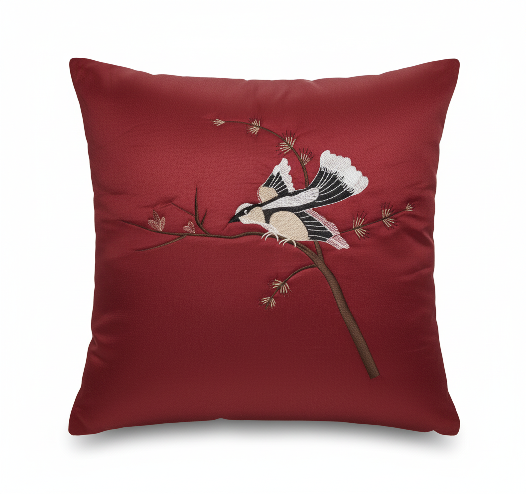 Opulent Maroon Velvet Throw Pillow Set (5 Pcs) with Detailed Bird Embroidery 40cmx40cm