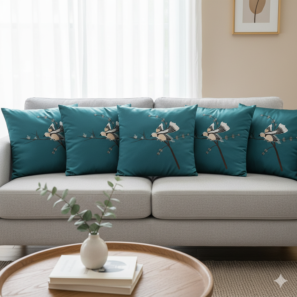 Opulent Turquice Velvet Throw Pillow Set (5 Pcs) with Detailed Bird Embroidery 40cmx40cm
