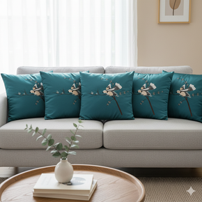 Opulent Turquice Velvet Throw Pillow Set (5 Pcs) with Detailed Bird Embroidery 40cmx40cm