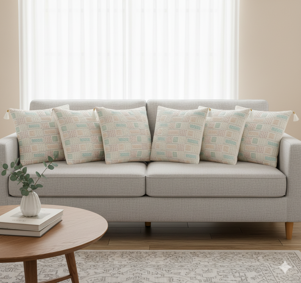 Luxurious Pastel Geometric Brocade SET OF 5  Cushion Cover 40CMX40CM with Corner Tassels