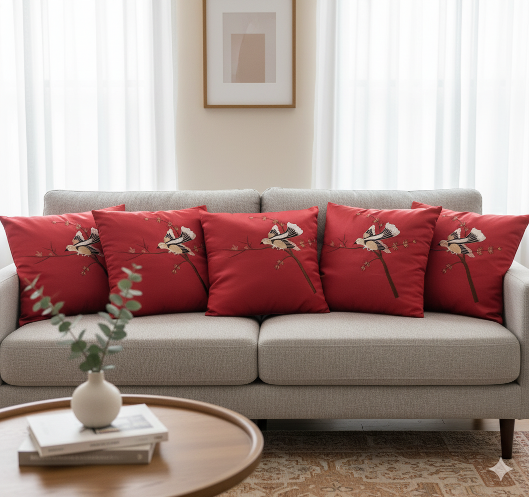 Opulent Maroon Velvet Throw Pillow Set (5 Pcs) with Detailed Bird Embroidery 40cmx40cm
