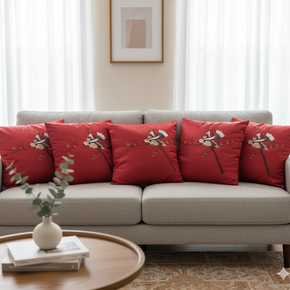 Opulent Maroon Velvet Throw Pillow Set (5 Pcs) with Detailed Bird Embroidery 40cmx40cm