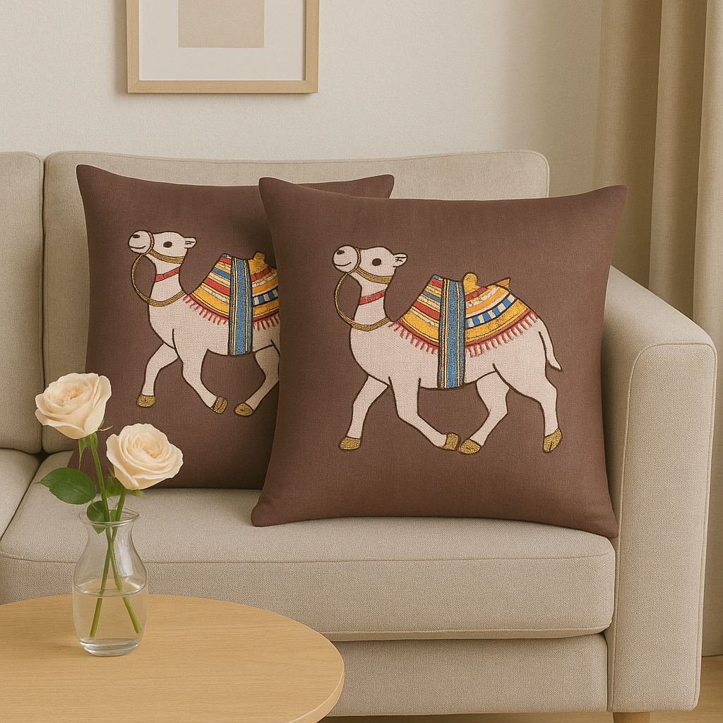 SWADE FEBRIC CAMEL PATCH WORK WITH EMBROIDERY CUSHION COVER