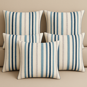 Embroidered Coastal Breeze Striped Cushion Cover – Blue & Ivory Elegance (Set of 5, 16x16)