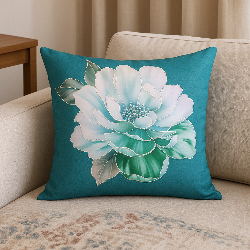 Teal Peony Velvet Print Floral Foil Elegance Cushion Covers – Set of 5 (16x16 Inches)  Premium Soft Velvet with Designer Metallic Flower Prints